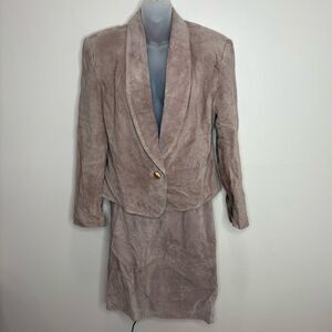 Lord & Taylor 100% Silky Pig Suede Brown Set Skirt Blazer size 10 / 12 vintage